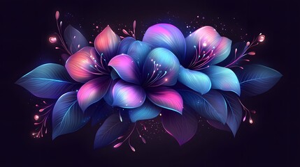 Elegant floral arrangement with iridescent flowers, against a dark background, in the style of vector art