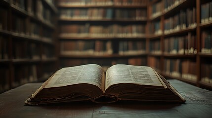 Obraz premium Open Book on Wooden Table in Library with Bookshelves in Background