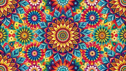 A colorful and vibrant floral pattern with intricate mandala designs and a variety of floral elements.