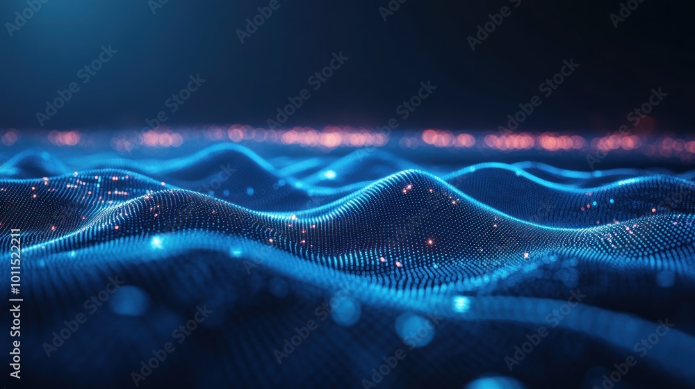 Poster abstract visualization of flowing waves with glowing particles, representing data or energy.