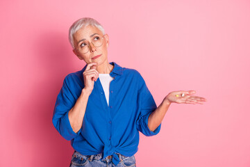 Photo of unsure uncertain lady dressed blue shirt holding medicine looking empty space isolated...