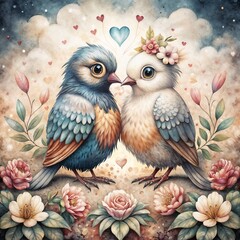 Two adorable birds in love surrounded by flowers and soft pastel colors in a romantic floral setting