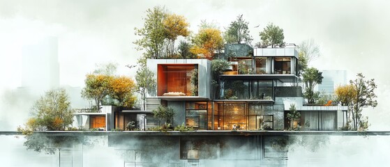 Modular construction with AI assistance, stacking large sections, futuristic homes, watercolor style