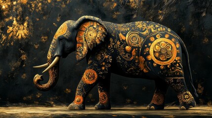 Abstract elephant adorned with golden ornaments, vibrant artistic representation, symbolizing feng shui wealth and prosperity