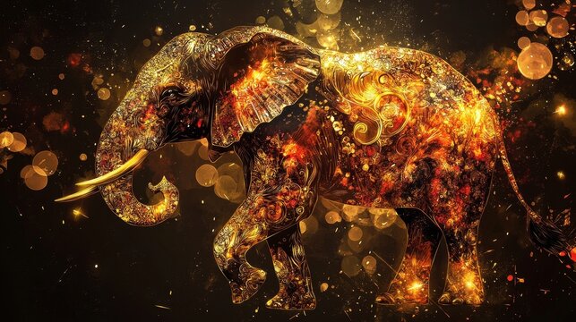 Artistic elephant adorned with golden ornaments, symbolizing feng shui wealth, vibrant abstract design, captivating and rich in detail