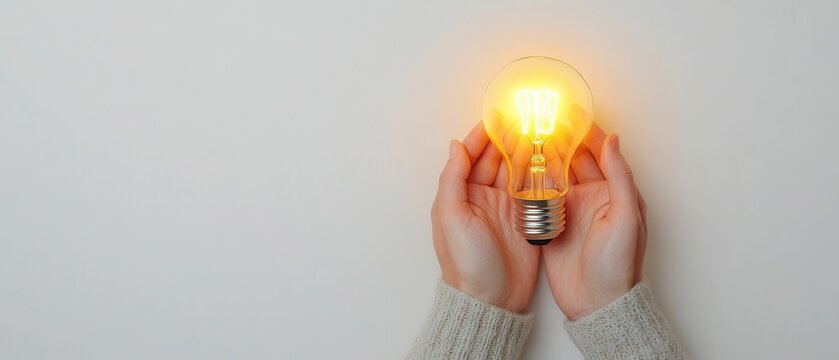 Hands holding a glowing light bulb, symbolizing inspiration and creativity against a plain background, offering a warm and innovative concept.