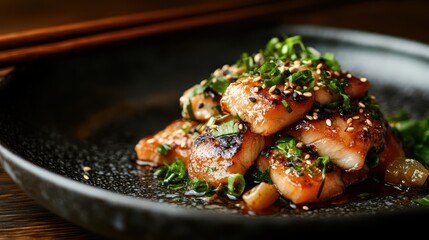 Succulent pieces of chicken expertly glazed, presented with an aromatic combination of fresh herbs and sesame seeds, creating a delightful culinary masterpiece.