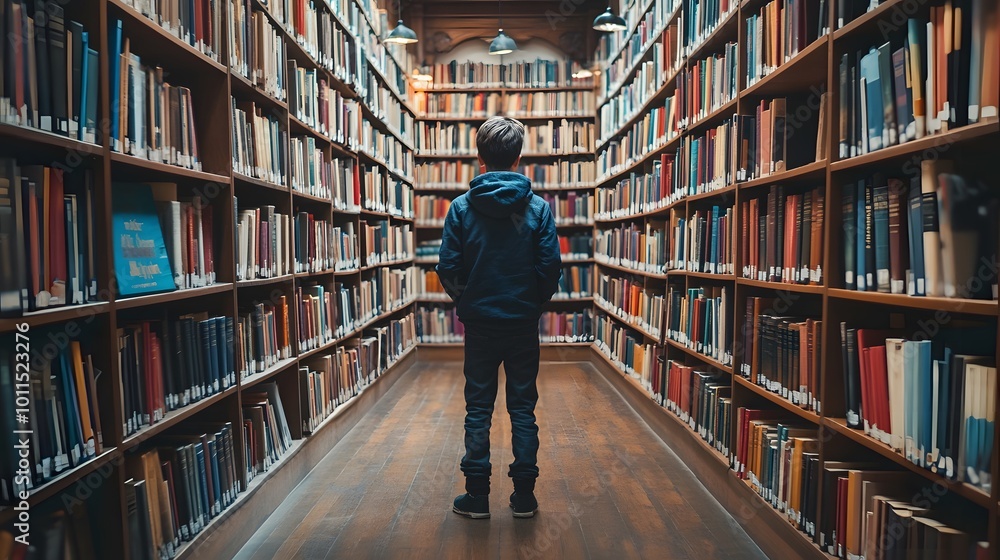 Aufkleber boy exploring a library with rows of bookshelves