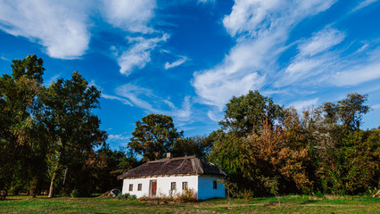 Traditional rural house with a thatched roof is nestled in a peaceful countryside