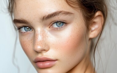 Fototapeta premium A close-up portrait of a young woman with blue eyes and freckles, showcasing natural beauty and skincare.