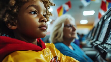 Obraz premium A young child displays intense focus while seated in a gaming arcade, with colorful international flags behind, capturing a moment of concentration and engagement.