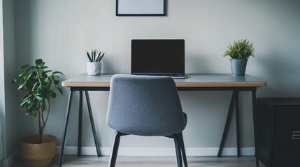 Close-up of a minimalist home office with a sleek desk, ergonomic chair, and minimalistic decor, focusing on a clean workspace
