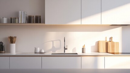 Close-up of a minimalist kitchen with clean lines, white cabinetry, and minimal decor, highlighting the simplicity and elegance
