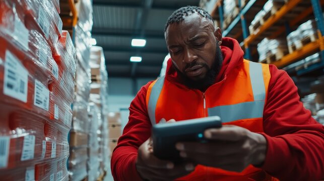 In the midst of a warehouse, a bearded man intensely concentrates on a digital device, embodying the intersection of technology and traditional labor roles. - Powered by Adobe