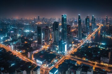 Obraz premium Aerial view of modern city at night with illuminated skyscrapers