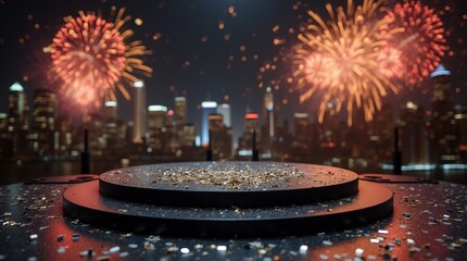 Elegant empty podium with golden confetti, Fireworks over night city, concept for New Year and Christmas product presentations and showcases