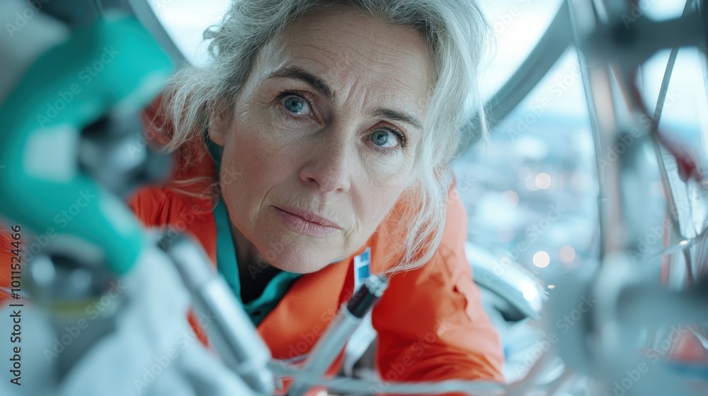 Poster a focused engineer inspects machinery inside a spacecraft, wearing an orange spacesuit, highlighting