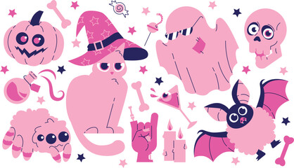 Pink Halloween vector set with cat, ghost, skull, spider, bat, pumpkin, stars, bones. Pink print in flat style.