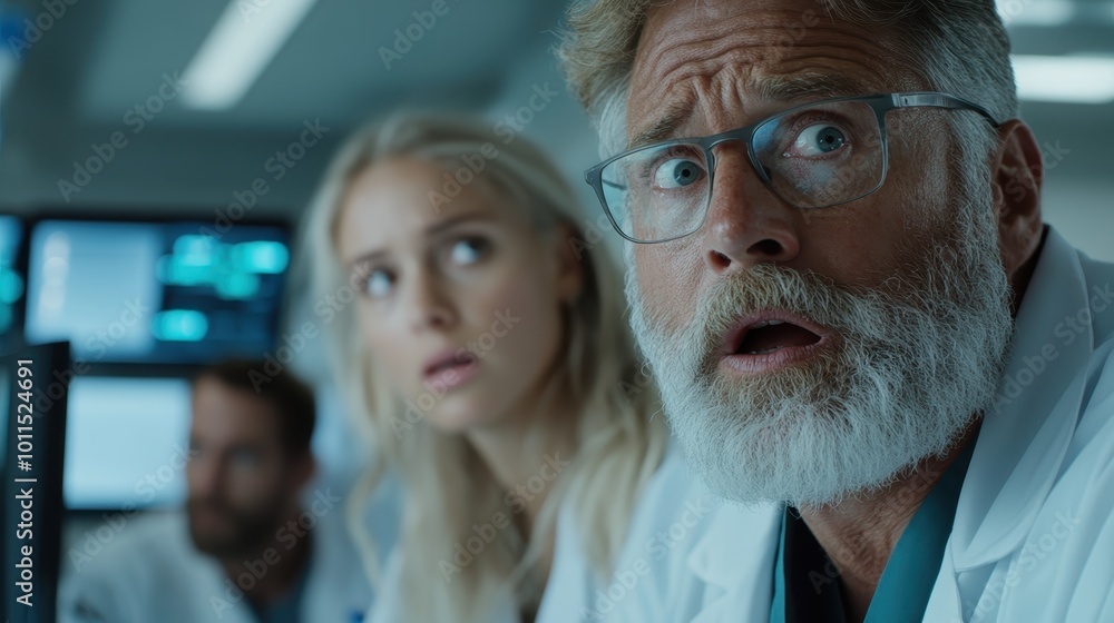 Poster two scientists show surprise and intense focus while working in a high-tech laboratory, with compute