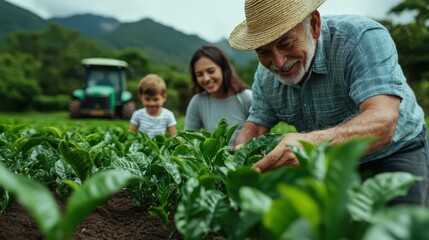 An elderly farmer picks crops with a young family in vibrant green fields, illustrating generational wisdom, teamwork, and connection to nature.