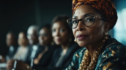 Obraz premium An elegant woman in a traditional headscarf and glasses participates in a formal setting, embodying wisdom, cultural pride, and confidence.