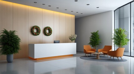 Corporate lobby with Christmas wreaths and holiday decor, professional space