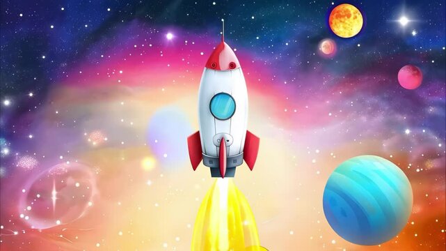 A colorful illustration of a rocket launching into space with various planets and a starry background.