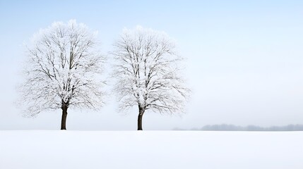 Winter Serenity Barren Trees Standing Tall in Snow-Dusted Fields - A Tranquil Countryside Scene Capturing the Stillness of Winters First Snow and Cold Winds
