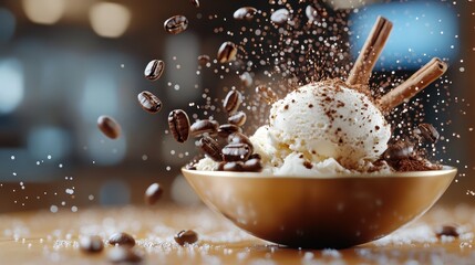 A rich serving of vanilla ice cream garnished with whole coffee beans and aromatic cinnamon sticks. Dust-like sprinkles enhance its warmth and texture, inviting indulgence.