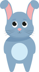 Blue cartoon hare with long ears, big eyes and a pink nose, standing on two legs