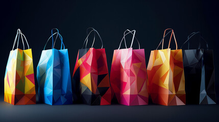 Colorful geometric shopping bags displayed in a row against a dark background, symbolizing retail and consumer culture