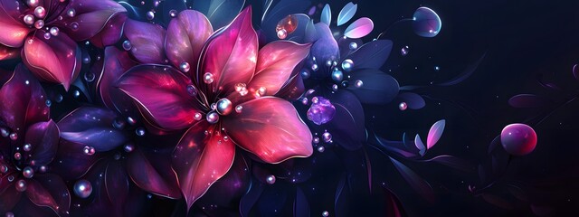 Elegant floral arrangement with iridescent flowers, against a dark background, in the style of vector art