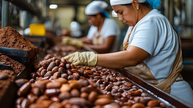 Workers process cocoa, create chocolates, and package products for distribution.