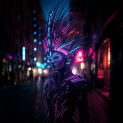 Cyberpunk Masked Figure Illuminated by Neon Lights in Futuristic City