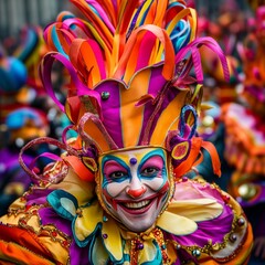 Vibrant Carnival Clown in Festive Colors at a Joyful Street Parade