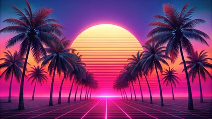 Palm trees stand tall against a retro-futuristic sunset, bathed in vibrant hues of pink, orange, and yellow, with a glowing grid pattern leading towards the horizon.
