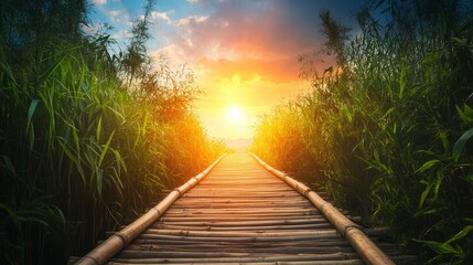 Fototapeta premium Bamboo pathway towards a radiant horizon, representing a journey filled with growth and optimism, inviting exploration and serenity