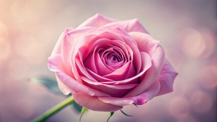 A single pink rose blooms in a soft, delicate light, its petals unfurling with grace and beauty.