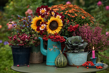 Autumn pumpkins and sunflowers