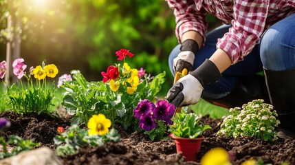 Fototapeta premium Woman planting flowers in her garden, spring season, gardening tools visible, vibrant and colorful flowers.