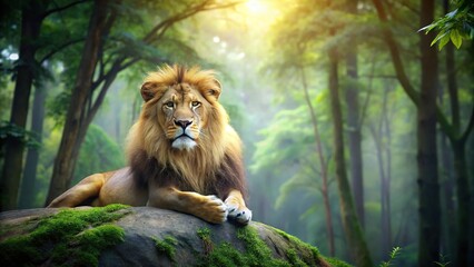 Majestic lion resting on rock in lush forest minimalist