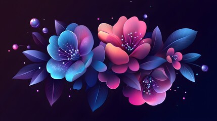 Elegant floral arrangement with iridescent flowers, against a dark background, in the style of vector art