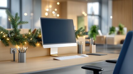 Open workspace with garlands and holiday lights, cheerful office