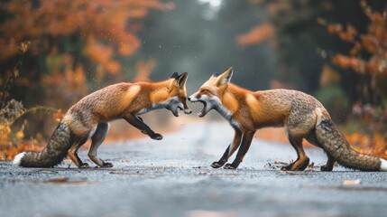 foxes fighting on the road