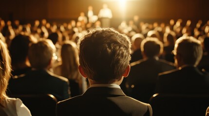 A child in formal attire sits among an audience in a theater-like setting, closely observing a formal event happening on stage with a sense of wonder and curiosity.