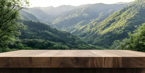 Beautiful Wooden Tabletop with Scenic Mountain View