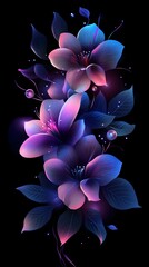 Elegant floral arrangement with iridescent flowers, against a dark background, in the style of vector art