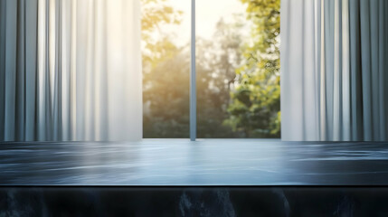 Empty Black Marble Table with Blurred Window View