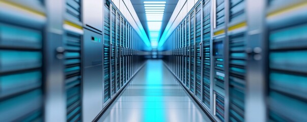 Fototapeta premium Data center corridor with server racks and blue ambient lighting
