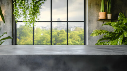 Empty Concrete Table with Blurred Window Background